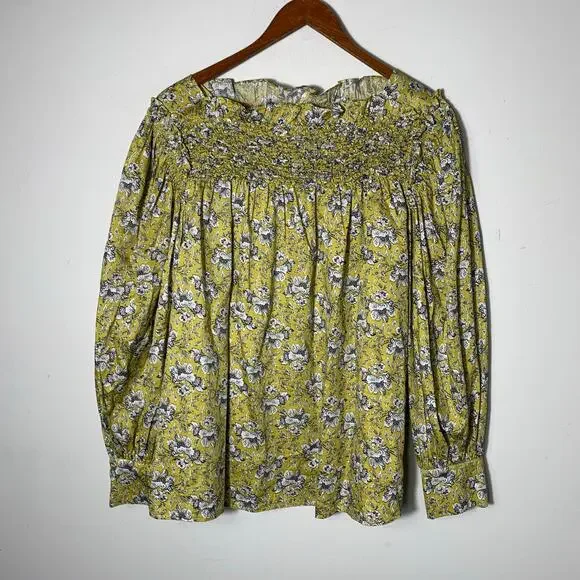 Womens Rebecca Taylor Intaglio Rose Smocked Blouse Yellow Floral Size XL EUC! - Picture 3 of 5